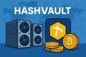 HashVault header showing mining rigs, pool icon, and Bitcoin coins.