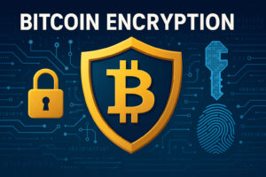 Bitcoin Encryption - Illustration of Bitcoin security with shield, padlock, key, and fingerprint.