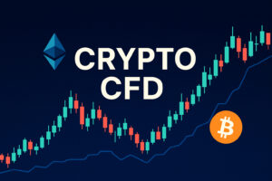 Red and green candlestick chart on dark grid with Bitcoin and Ethereum icons