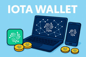 IOTA Wallet header with laptop, smartphone, and IOTA tokens
