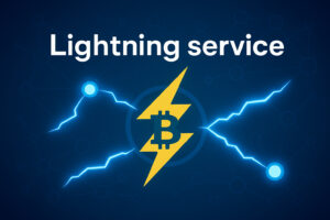 Yellow Bitcoin symbol crossed by lightning bolt with connected network nodes