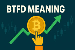BTFD MEANING title with a hand touching a Bitcoin coin, green rising arrow, and candlestick chart.