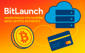 Bright illustration with cloud server, Bitcoin, and payment card for BitLaunch