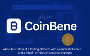 CoinBene’s main trading interface and branding elements on a blue background