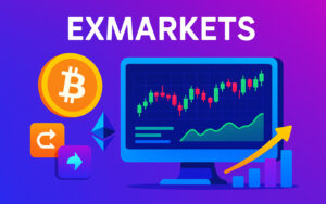 Exmarkets - bright illustration of a cryptocurrency exchange with trading interface and crypto symbols.