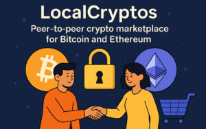 Handshake between users, secure padlock, and crypto icons on LocalCryptos