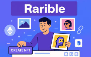 Digital illustration of the Rarible NFT marketplace and NFT creation process.