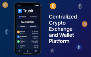 Trubit app interface showing crypto wallet and exchange features
