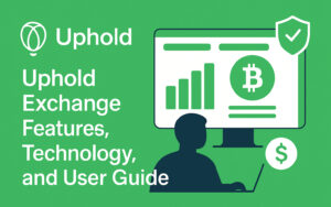 Uphold platform, user silhouette, crypto icons, and secure trading elements