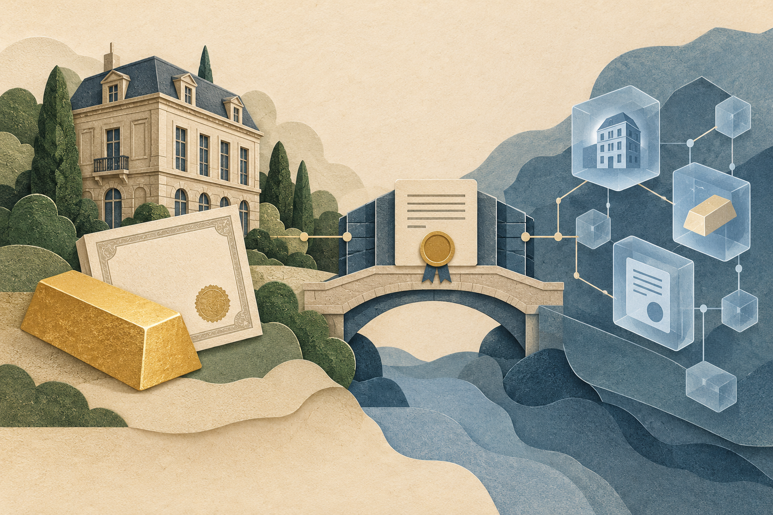 Ilustración conceptual de un inmueble, oro y un certificado financiero vinculados mediante un documento legal a registros digitales