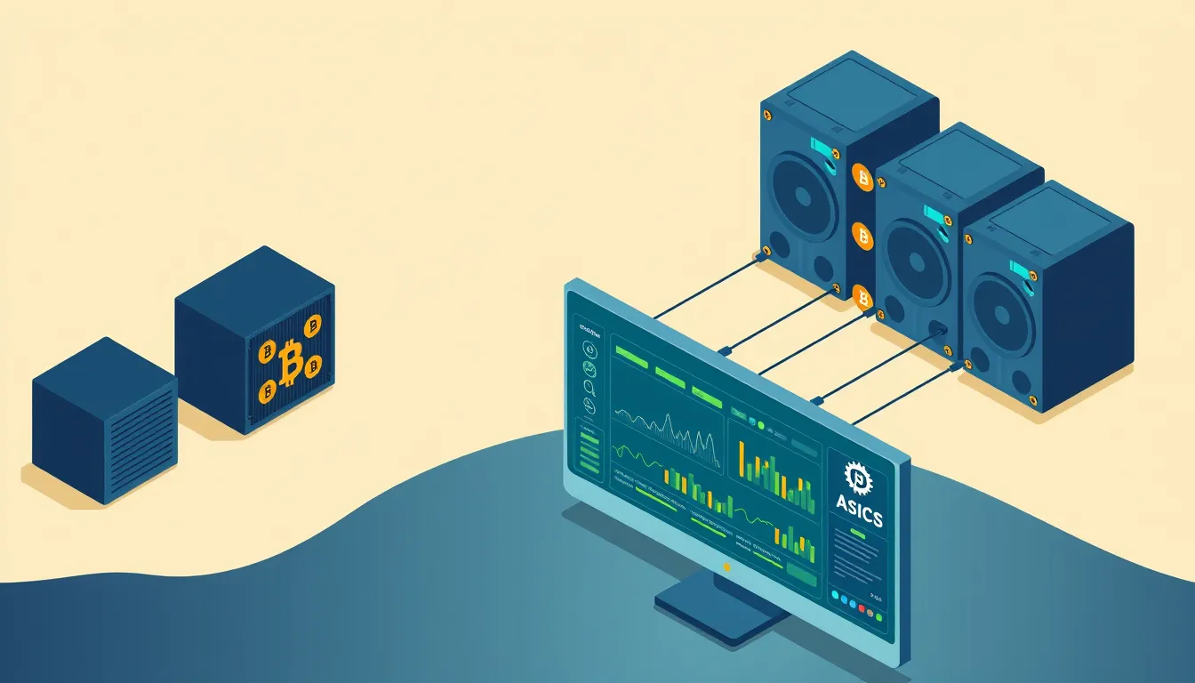 Illustration of a monitoring dashboard connected to three fan-cooled mining devices, with two server units alongside.