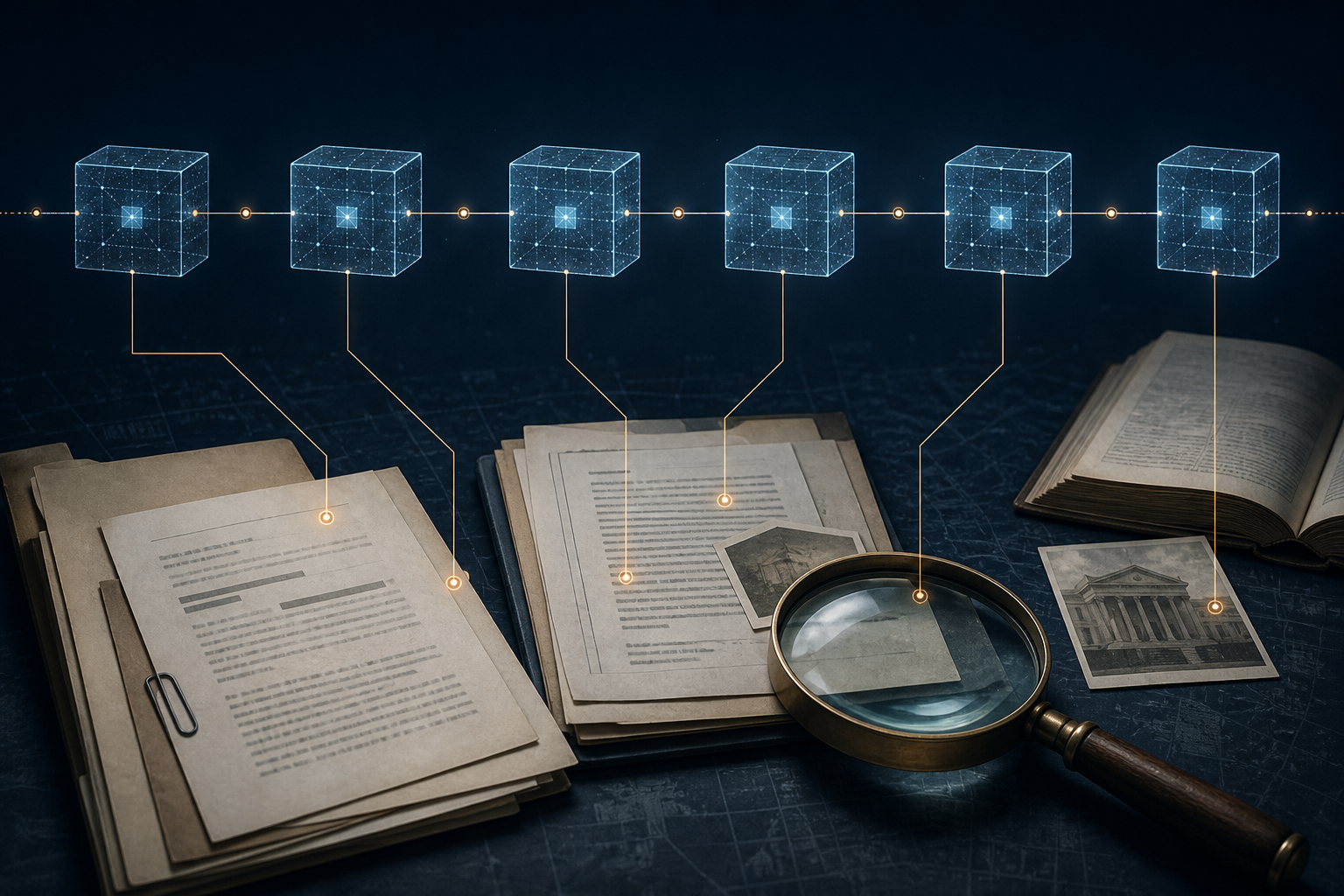 Illustrazione che collega una cronologia blockchain a prove documentali attribuite