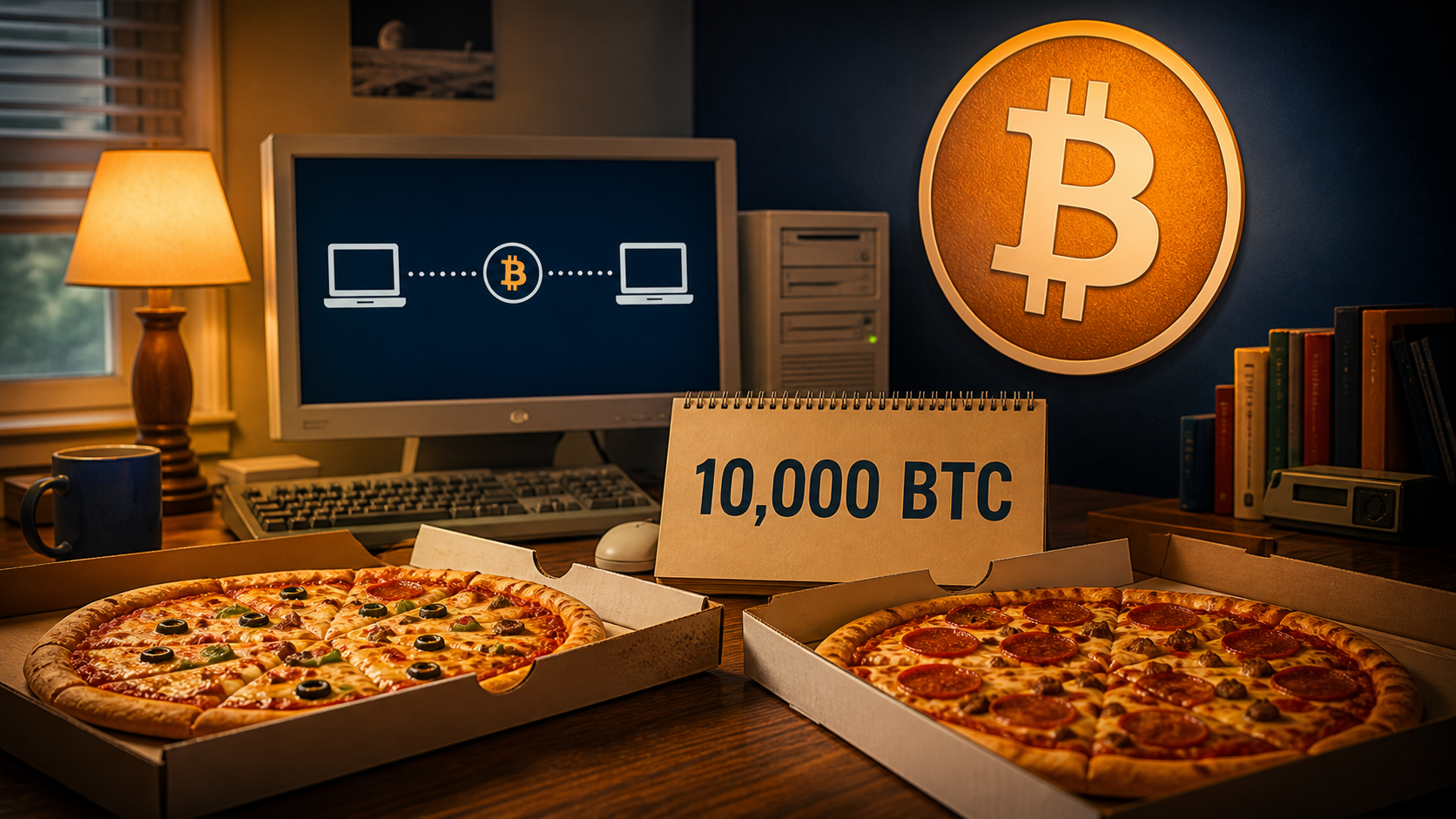 两张披萨与 10,000 BTC，比特币披萨日纪念图