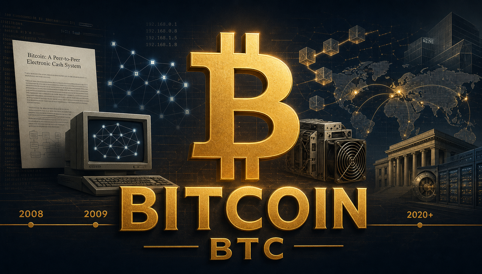 以比特币符号、Bitcoin一词和BTC代码呈现比特币从2008年至现代基础设施的发展历史